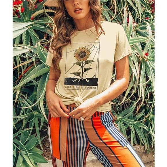 Yellow Boho Floral Graphic Print T-Shirt Cute Sunflower TShirt Tee Tops - Picture 1 of 5